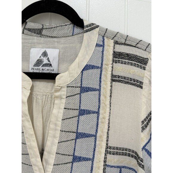 Pearl & Caviar Embroidered Knee Length Dress Blue Tiered Pleated  M/L Greece - Picture 3 of 11